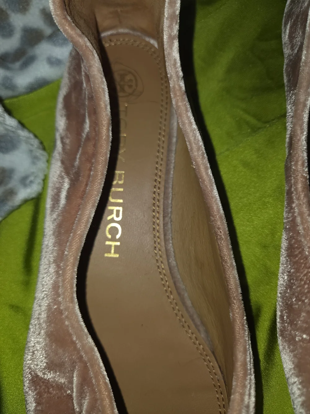 Tory Burch Blush Velvet Flats with Black Glitter Logo